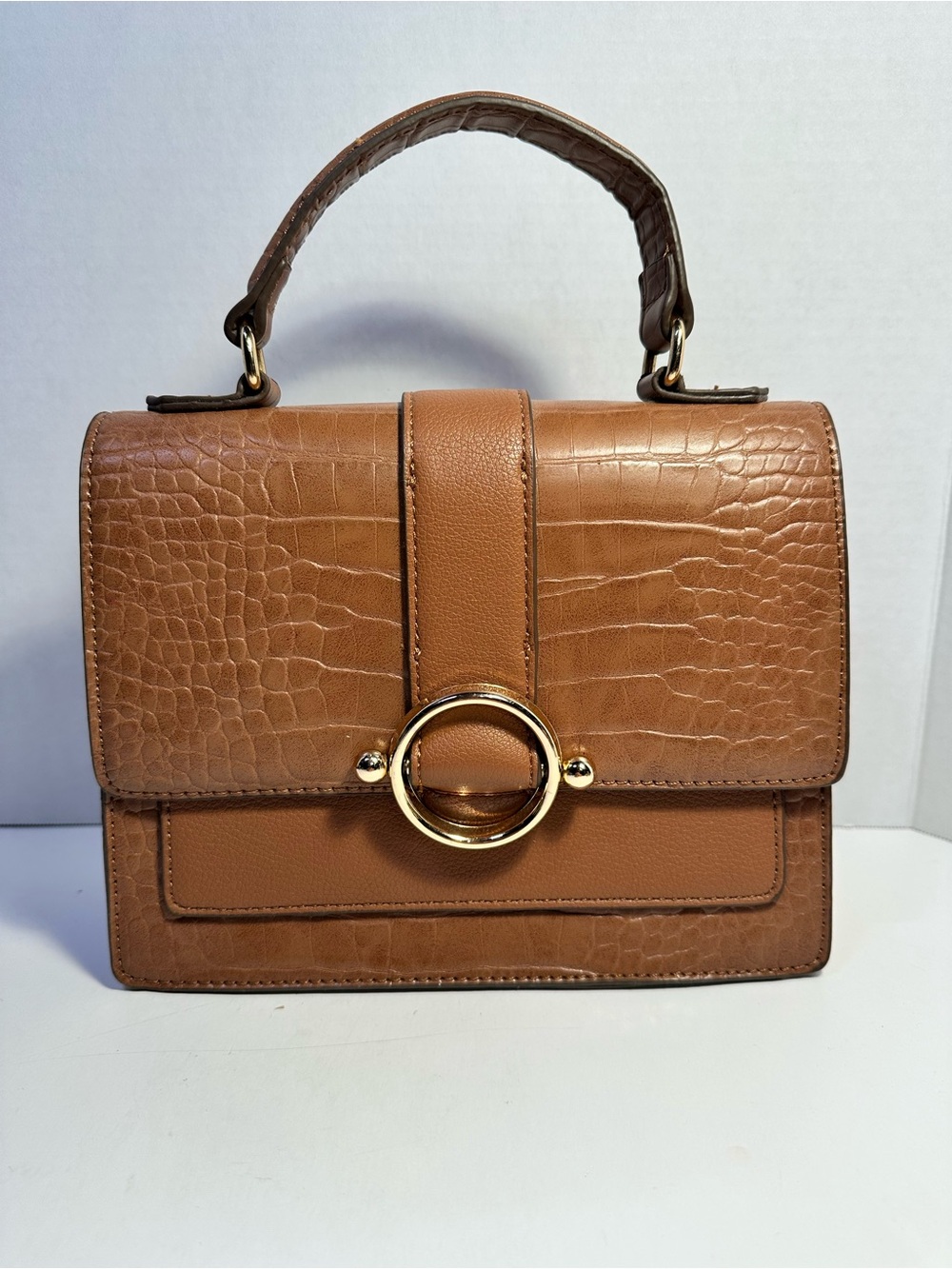 Anne Klein Croc-Embossed Top Handle Satchel in Tan with Gold Ring